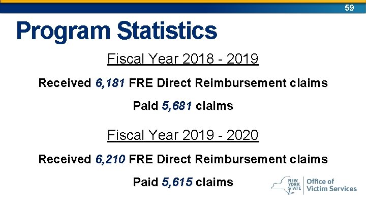 59 Program Statistics Fiscal Year 2018 - 2019 Received 6, 181 FRE Direct Reimbursement