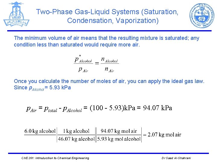 Two-Phase Gas-Liquid Systems (Saturation, Condensation, Vaporization) The minimum volume of air means that the