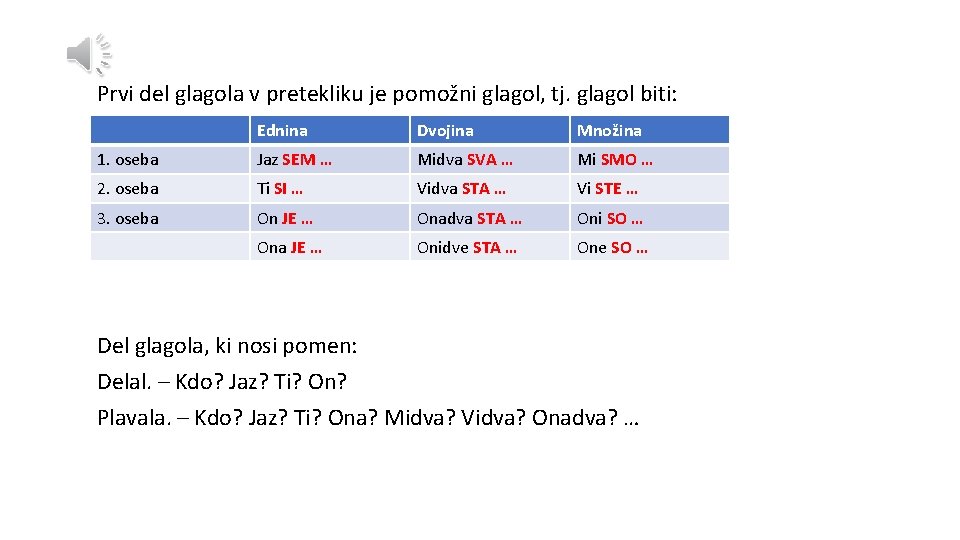 Prvi del glagola v pretekliku je pomožni glagol, tj. glagol biti: Ednina Dvojina Množina