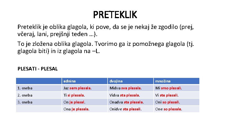 PRETEKLIK Preteklik je oblika glagola, ki pove, da se je nekaj že zgodilo (prej,