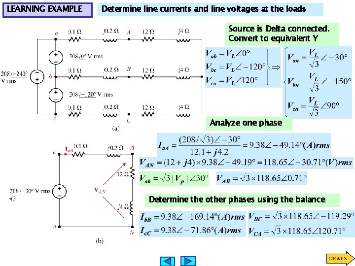 LEARNING EXAMPLE Determine line currents and line voltages at the loads Source is Delta