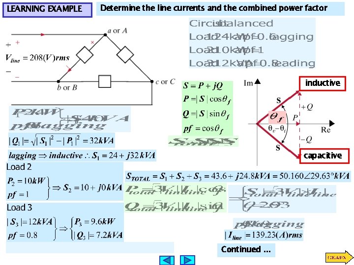LEARNING EXAMPLE Determine the line currents and the combined power factor inductive capacitive Continued.