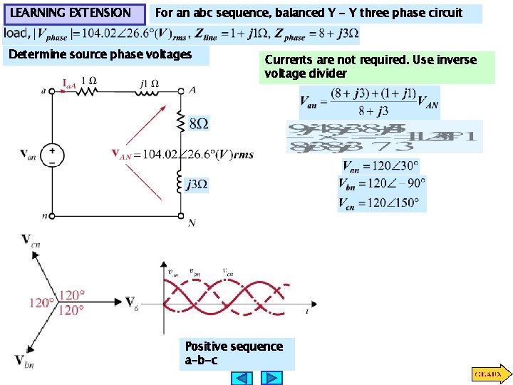 LEARNING EXTENSION For an abc sequence, balanced Y - Y three phase circuit Determine