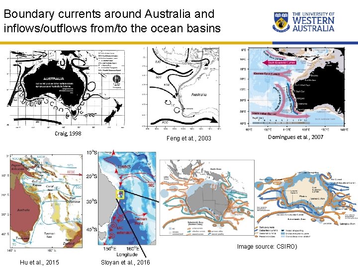 Boundary currents around Australia and inflows/outflows from/to the ocean basins Craig, 1998 Feng et