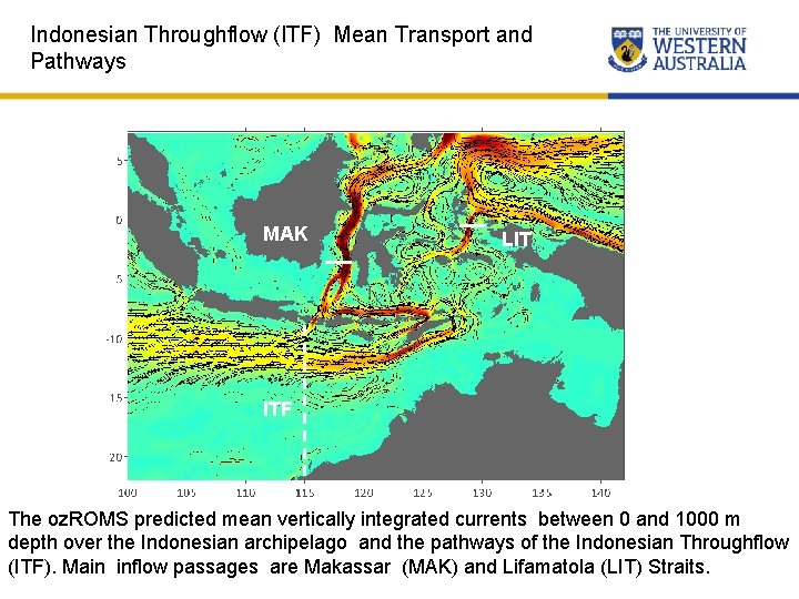 Indonesian Throughflow (ITF) Mean Transport and Pathways MAK LIT ITF The oz. ROMS predicted