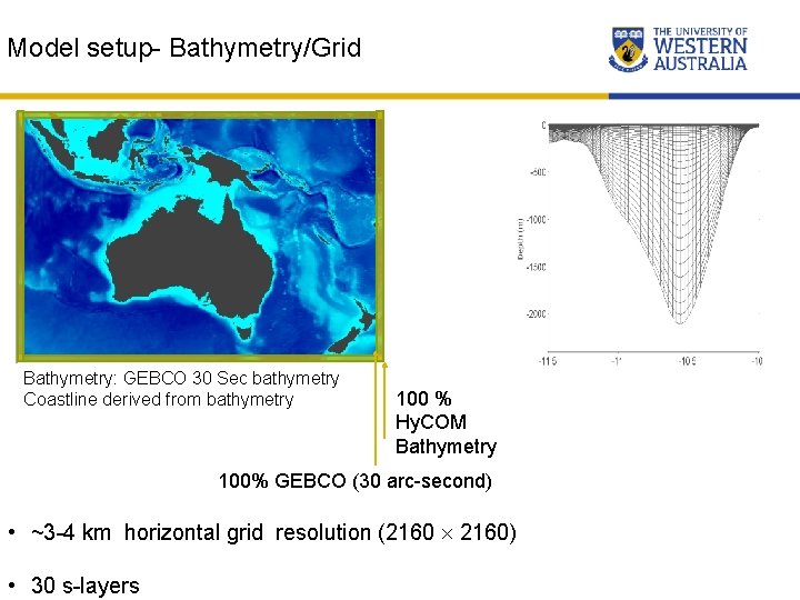 Model setup- Bathymetry/Grid Bathymetry: GEBCO 30 Sec bathymetry Coastline derived from bathymetry 100 %