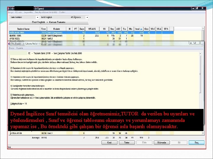 Dyned İngilizce Sınıf temsilcisi olan öğretmenimiz, TUTOR da verilen bu uyarıları ve yönlendirmeleri ,