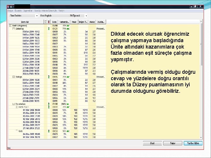 Dikkat edecek olursak öğrencimiz çalışma yapmaya başladığında Ünite altındaki kazanımlara çok fazla olmadan eşit