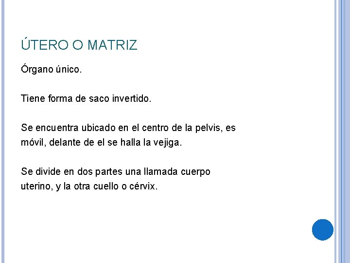 ÚTERO O MATRIZ Órgano único. Tiene forma de saco invertido. Se encuentra ubicado en