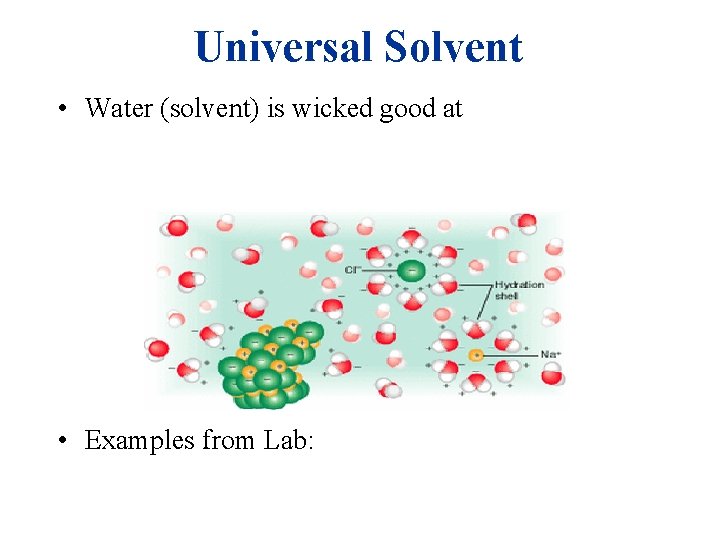 Universal Solvent • Water (solvent) is wicked good at • Examples from Lab: 
