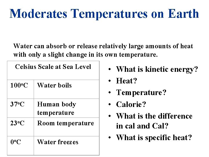 Moderates Temperatures on Earth Water can absorb or release relatively large amounts of heat