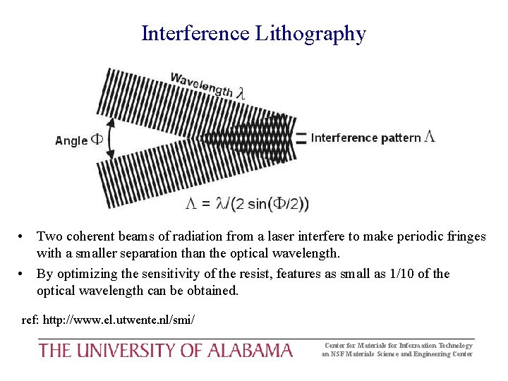 Interference Lithography • Two coherent beams of radiation from a laser interfere to make Interference Lithography • Two coherent beams of radiation from a laser interfere to make