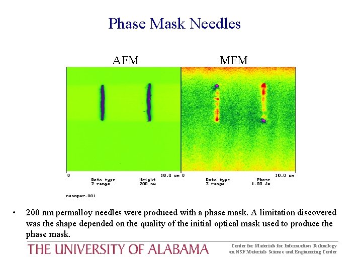 Phase Mask Needles AFM • MFM 200 nm permalloy needles were produced with a Phase Mask Needles AFM • MFM 200 nm permalloy needles were produced with a