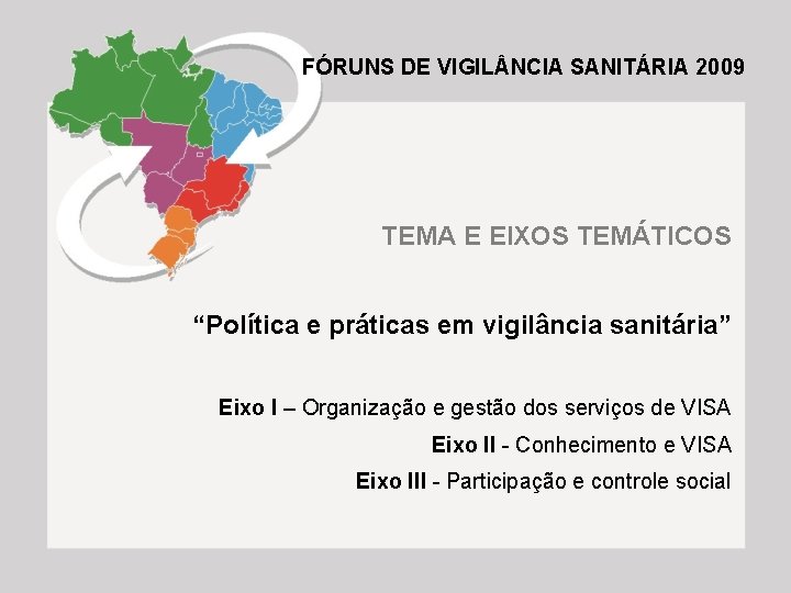 FÓRUNS DE VIGIL NCIA SANITÁRIA 2009 TEMA E EIXOS TEMÁTICOS “Política e práticas em