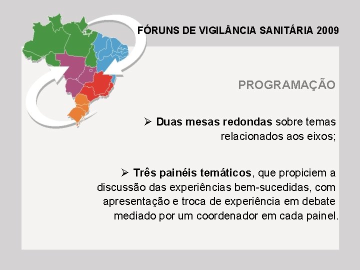 FÓRUNS DE VIGIL NCIA SANITÁRIA 2009 PROGRAMAÇÃO Ø Duas mesas redondas sobre temas relacionados