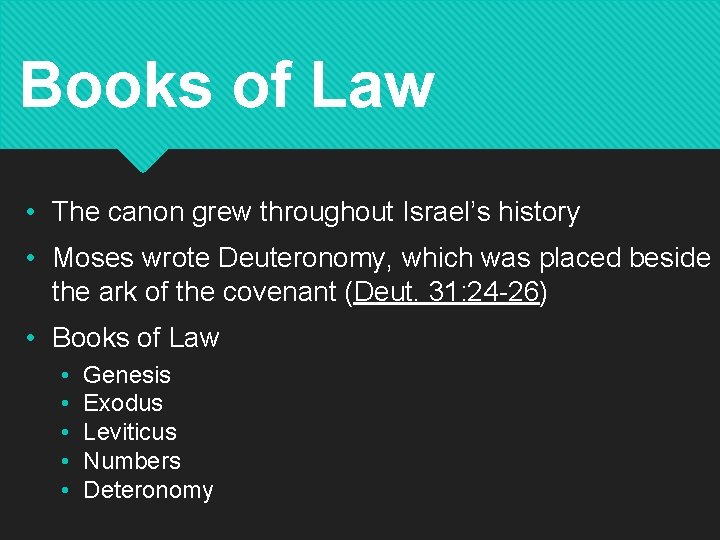 Books of Law • The canon grew throughout Israel’s history • Moses wrote Deuteronomy,