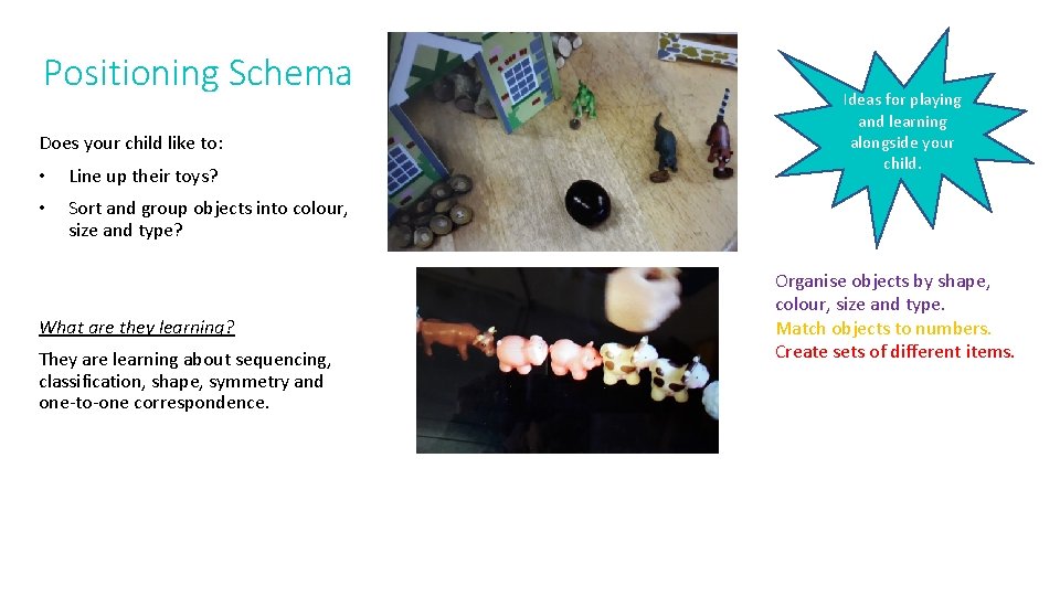 Positioning Schema Does your child like to: • Line up their toys? • Sort