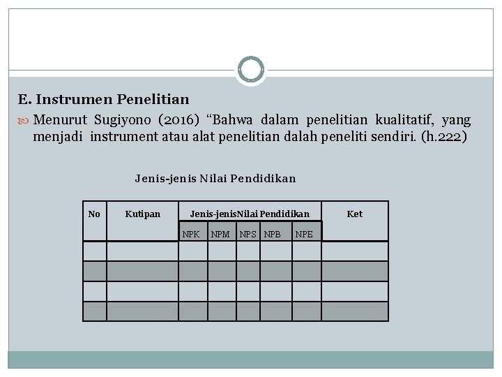 E. Instrumen Penelitian Menurut Sugiyono (2016) “Bahwa dalam penelitian kualitatif, yang menjadi instrument atau