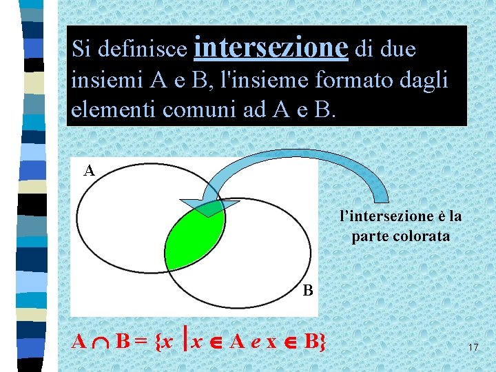 Si definisce intersezione di due insiemi A e B, l'insieme formato dagli elementi comuni