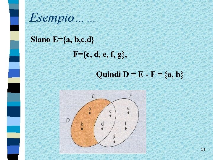 Esempio…… Siano E={a, b, c, d} F={c, d, e, f, g}, Quindi D =