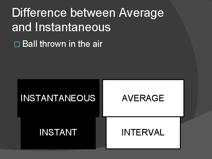 Difference between Average and Instantaneous � Ball thrown in the air INSTANTANEOUS AVERAGE INSTANT