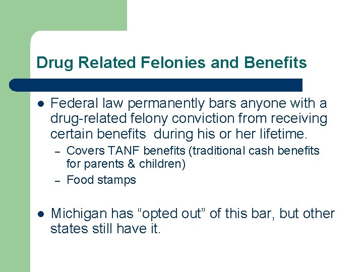 Drug Related Felonies and Benefits l Federal law permanently bars anyone with a drug-related