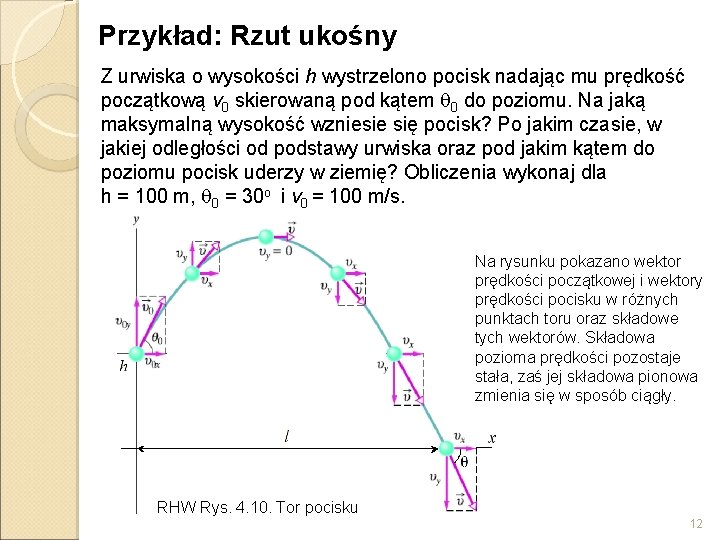 Przykład: Rzut ukośny Z urwiska o wysokości h wystrzelono pocisk nadając mu prędkość początkową