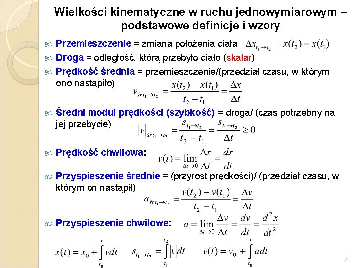 Wielkości kinematyczne w ruchu jednowymiarowym – podstawowe definicje i wzory Przemieszczenie = zmiana położenia