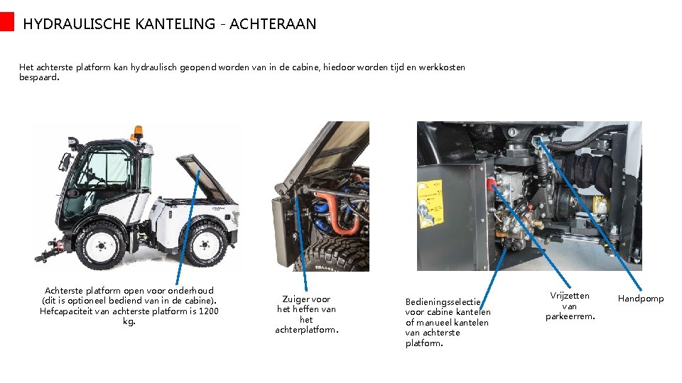 HYDRAULISCHE KANTELING - ACHTERAAN Het achterste platform kan hydraulisch geopend worden van in de