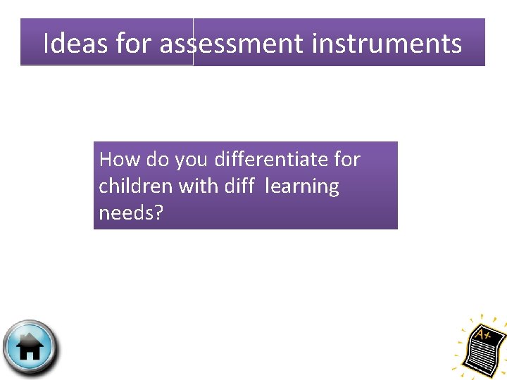 Ideas for assessment instruments How do you differentiate for children with diff learning needs?