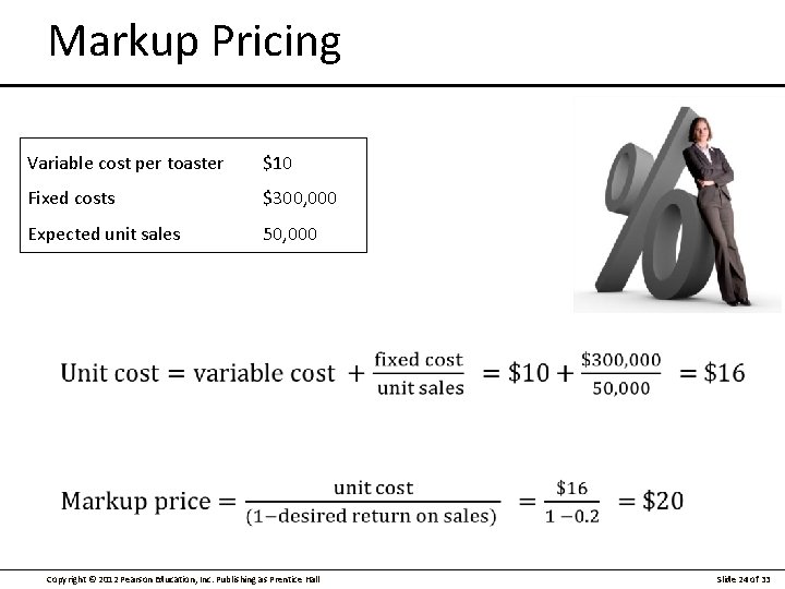 Markup Pricing Variable cost per toaster $10 Fixed costs $300, 000 Expected unit sales