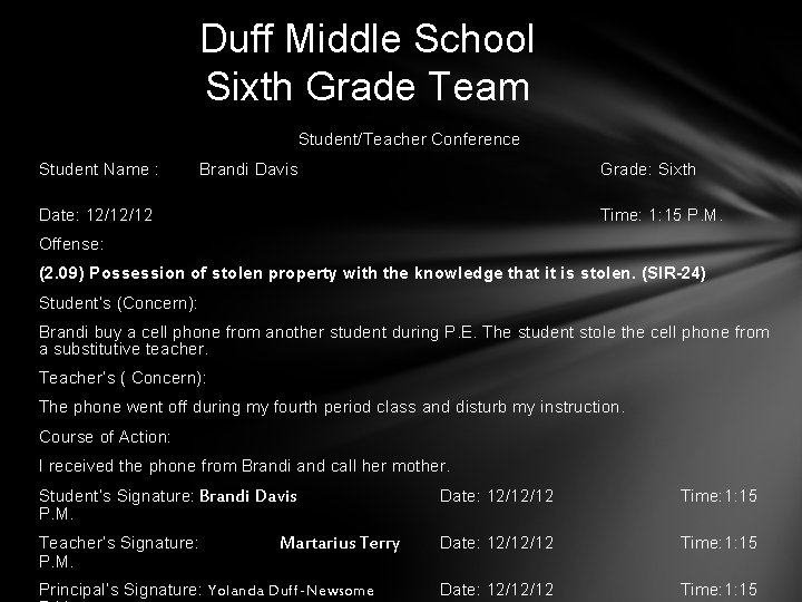Duff Middle School Sixth Grade Team Student/Teacher Conference Student Name : Brandi Davis Grade: