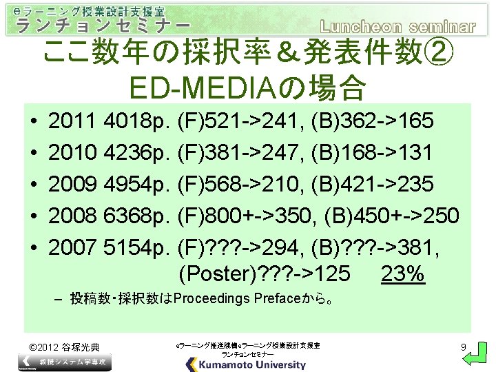 ここ数年の採択率＆発表件数② ED-MEDIAの場合 • • • 2011 4018 p. (F)521 ->241, (B)362 ->165 2010 4236