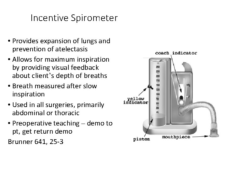 Incentive Spirometer • Provides expansion of lungs and prevention of atelectasis • Allows for