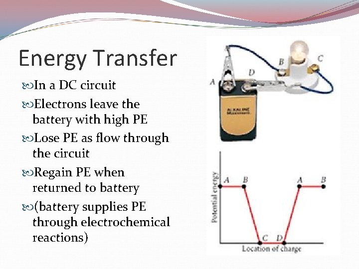 Energy Transfer In a DC circuit Electrons leave the battery with high PE Lose