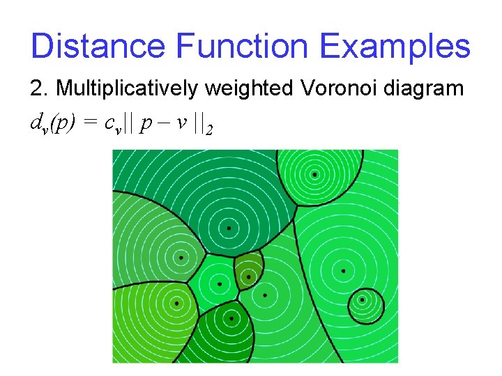 Distance Function Examples 2. Multiplicatively weighted Voronoi diagram dv(p) = cv|| p – v