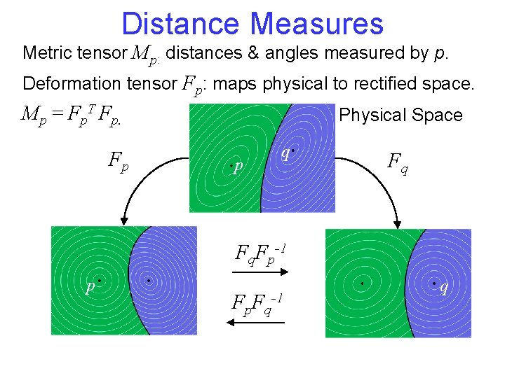 Distance Measures Metric tensor Mp: distances & angles measured by p. Deformation tensor Fp: