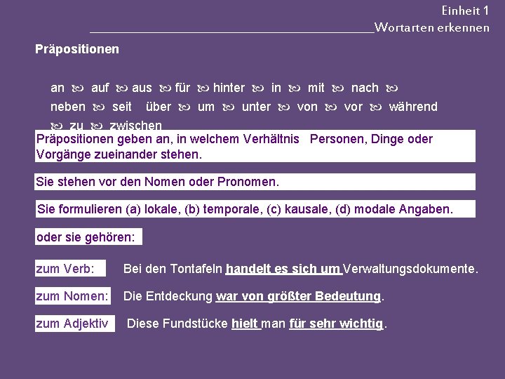 Einheit 1 __________________________Wortarten erkennen Präpositionen an auf aus für hinter in mit nach neben