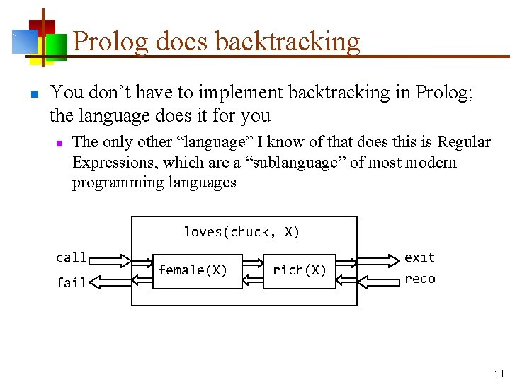 Prolog does backtracking n You don’t have to implement backtracking in Prolog; the language