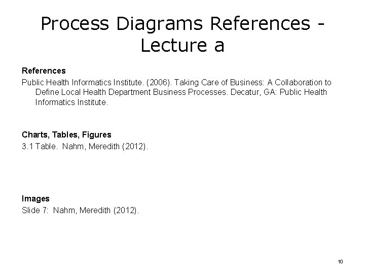Process Diagrams References Lecture a References Public Health Informatics Institute. (2006). Taking Care of