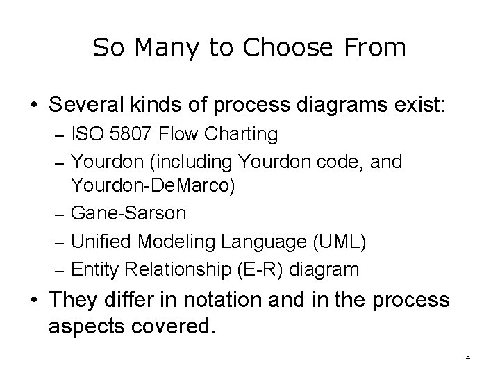 So Many to Choose From • Several kinds of process diagrams exist: – ISO