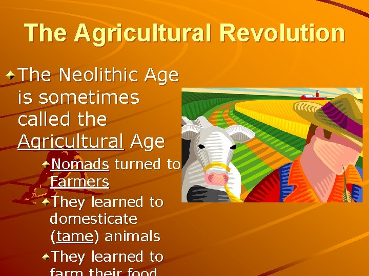 The Agricultural Revolution The Neolithic Age is sometimes called the Agricultural Age Nomads turned