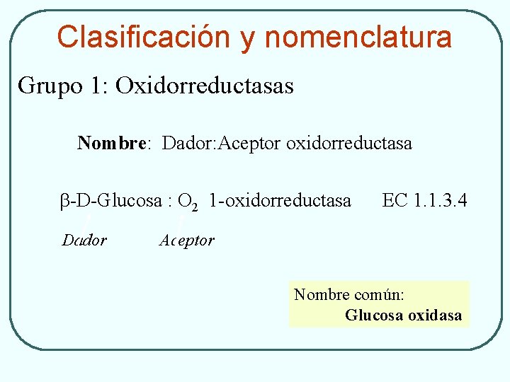 Clasificación y nomenclatura Grupo 1: Oxidorreductasas Nombre: Dador: Aceptor oxidorreductasa b-D-Glucosa : O 2