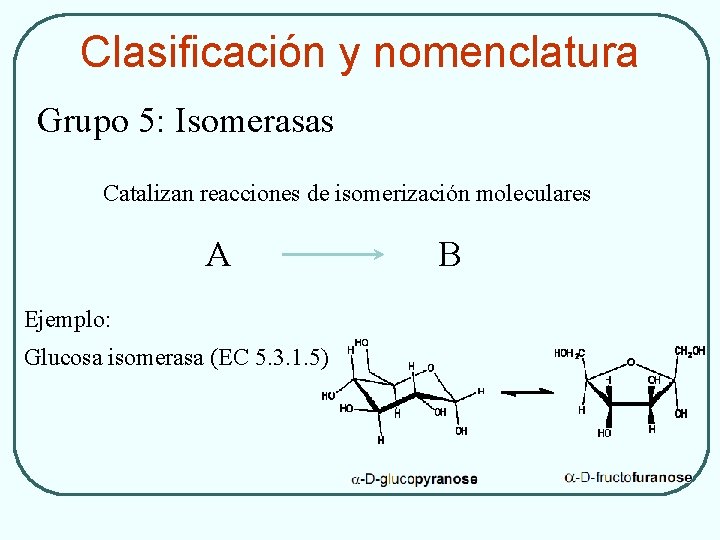 Clasificación y nomenclatura Grupo 5: Isomerasas Catalizan reacciones de isomerización moleculares A Ejemplo: Glucosa
