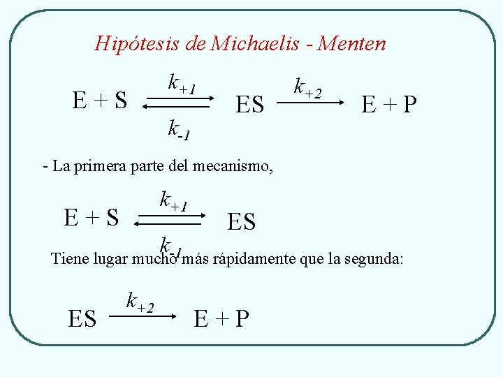 Hipótesis de Michaelis - Menten E+S k+1 k-1 ES k+2 E+P - La primera