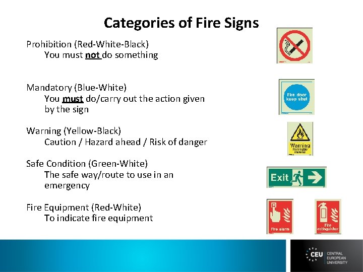 Categories of Fire Signs Prohibition (Red-White-Black) You must not do something Mandatory (Blue-White) You