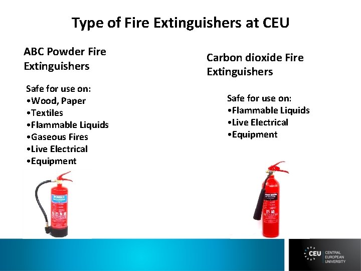 Type of Fire Extinguishers at CEU ABC Powder Fire Extinguishers Safe for use on: