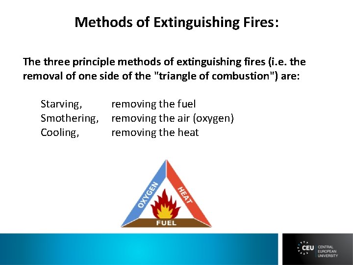 Methods of Extinguishing Fires: The three principle methods of extinguishing fires (i. e. the