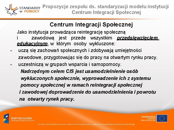 Propozycje zespołu ds. standaryzacji modelu instytucji Centrum Integracji Społecznej - Jako instytucja prowadząca reintegrację