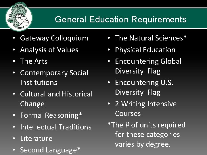 General Education Requirements • • • Gateway Colloquium Analysis of Values The Arts Contemporary
